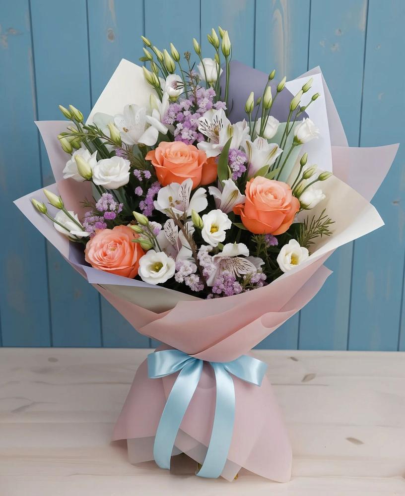 Букет цветов из: Лизиантусы, Розы, Альстромерии и Гипсофила в Восходе Республики Крым